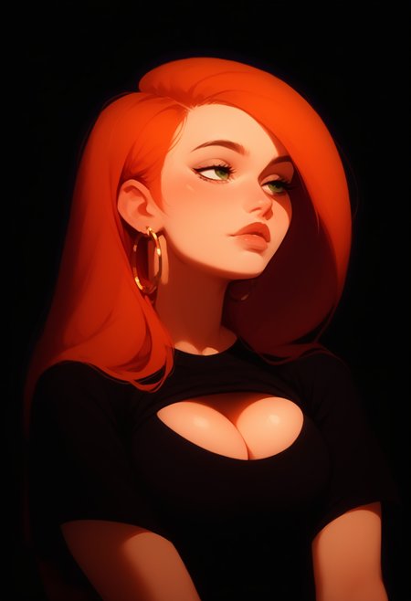 score_9, score_8_up, score_7_up, score_6_up, high res image,masterpiece, skindentation, T-shirt, solo, 1 girl, orange hair, Kim Possible, <lora:sdxl_Kim_Possible:1>, forehead, incoming kiss, face waiting for kiss, gloss lips, large breasts, cleavage, earring, eyelashes, seductive pose, outdoors, simple background, blurry background, close up, front view, front shot, <lora:sdxl_longneck-v2.1:-1>, from below, dutch angle, <lora:sdxl_PatheticTestEight-000015:0.4>, (source_anime:0.5), <lora:sdxl_S1_Dramatic_Lighting_v2:0.4>, hoop earring, <lora:sdxl_flat:0.5>, looking at the distance, <lora:sdxl_ponyv4_noob1_2_adamW-000017:1>, <lora:sdxl_DarkerThanDarkV1:0.8>, underlight, black background, simple background, <lora:sdxl_Underlighting Underlight light from below style:0.5>, <lora:sdxl_longneck-v2.1:-1>, chiaroscuro, harsh light, film grain, blurry background, depth of field, <lora:sdxl_princess_xl_v2:0.2>, <lora:sdxl_incase_style_v2_ponyxl_ilff:0.4>,  <lora:sdxl_g0th1cPXL:0.3> , <lora:sdxl-Expressive_H-000001:.3>