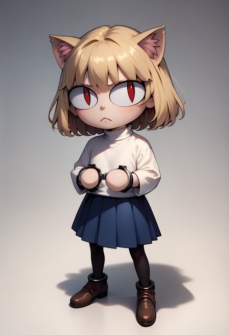 score_9, score_8_up, score_7_up BREAK <lora:HandcuffsV2:1> handcuffs, cuffs,  <lora:necoarc-guy-PONYv1_1:1> necoarc, blonde hair, red eyes, slit pupils, cat ears, :3, chibi, turtleneck, white shirt, blue skirt, pleated skirt, pantyhose, brown footwear, turtleneck, white shirt, purple skirt, pantyhose