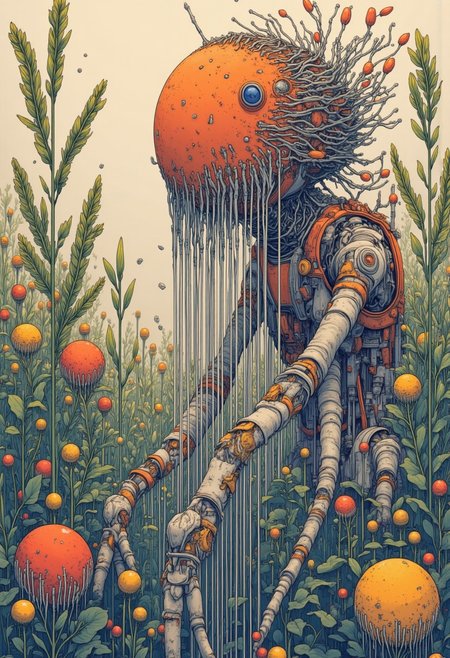 A hi-res, highly detailed, photographic, balanced composition. Realism surreal Mexican Muralists nature cosmogony. plaster, leather, cables.