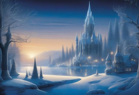 A whimsical winter wonderland, 
with ice sculptures and twinkling lights adorning the frozen lake. evening, 
intricate design, 
cinematic lighting, 
LP cover, 
Giger Marc Simonetti print, 
Mysterious