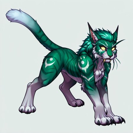 semi-realistic, feral druid cat form from world of warcraft,feline, feral druid, emerald fur with soft light blue gradient, striped fur, emerald hair, emerald mane, shiny stripes, shiny white eyes, darken emerald hair, solo, original character, four paws, one tail, one head, two saberteeth, anatomically correct feline body, perfect anatomy, perfect feline body, no background, ghost form of the feral druid, long elf ears, gradient fur colors, high-detailed cat, one pixel lining, battle stance, fierce look, looking at the viewer, mysterious lighting, soft colors, soft gradients, aesthetic, two long 40 cm staberteeth, fluffy fur, shining eyes, no sclera, shoulder druid markings, skull druid white markings, fluffy mane, five fingers on each paw, fluffy irbis tail, anatomically correct thin cat whiskers, high detailing, 4k, white background, feline body of the puma