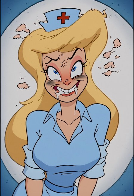 score_9, score_8_up, score_7_up, rating_questionable, zPDXL, 2d source_cartoon, (adult:1.2), facing the viewer, , horny, solo 1girl
<lora:Hello_Nurse_XL_Animaniacs:1> Heloise Nerz, 1girl, dirty messed burnt blonde  hair, blue eyes, totally burnt hair, sexy, horny, flowing saliva, scared, in love, extremely dirty dress, hardly beaten fifty times, confused, deeply humiliated face, depressed face, black eyes, circles under eyes, beaten by ninty boxers, broken heart, extremely broken heart, under arrest, broken arms, toothless face, no tooth, deeply depressed, smashed teeth, toothless, crazy emotion, extremely violently beaten face, ten times more extremely violently beaten face, twenty times more extremely violently beaten,big deep shiners on both eyes, extremely big shiners on both eyes, eyes in different directions, eyes  in extremely different directions,  narrow waist
<lora:Expressive_H:1>
<lora:r3nst1mpyXLP:1> r3nst1mpy,aaa