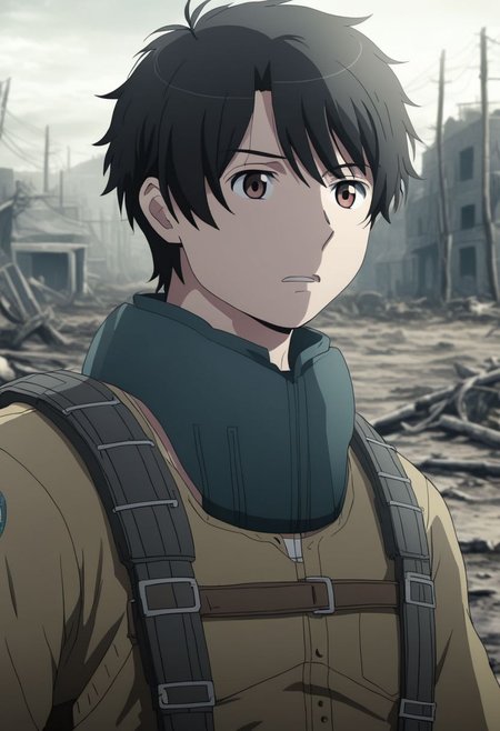 high resolution, solo, best quality, 1Boy, Inaho Kaizuka, Black Hair, Brown Eyes, shallow depth of field, Post-Apocalyptic, survival, OverallDetail