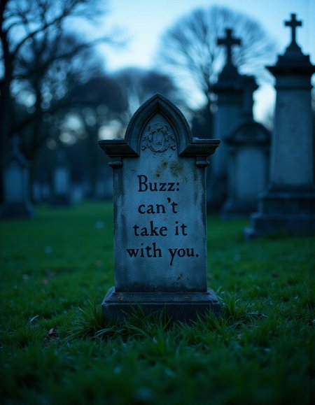 <lora:Exogenous:1> enigmatic composition. A gravestone stands in a green lawn cemetery. On it, the inscription says "Buzz: You can't take it with you". Out of focus gravestones and crosses can be seen in the background. the light is bluish and cold, as if on a cold autumn dusk. Meticulous textures throughout, shallow depth of field, highly detailed.