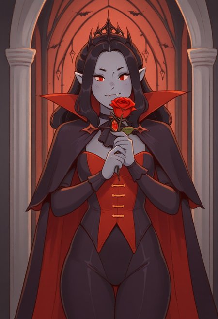 WhimsiFantasystyle,  masterpiece, best quality, solo,   female, vampire, black hair, fang, vampire clothing, grey skin, translyvania interior, holding rose,