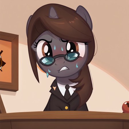 masterpiece, perfect detail, best high quality, source_pony, show accurate, cute, 1girl, solo, female, oc:sonata, glasses, attorney suit, badge on collar, pony, courtroom, defense stand, standing, standing behind desk, front hooves on desk, standing against desk, frown, scenic painting in background, nervous, sad, sweating, gritted teeth, beautiful, looking to side, score_9, score_8_up, score_7_up, score_6_up, score_5_up, score_4_up