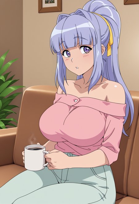 1girl,solo,mm,mature female,long hair,ponytail,bangs,purple hair,purple eyes,large breasts,hair ribbon,anime coloring,
pink shirt,pants,off shoulder,bare shoulders,sitting,on couch,holding cup, coffee mug, looking at viewer, parted lips, living room, 
,masterpiece,best quality,amazing quality,<lora:Yayoi_Mizuno-Gogo_no_Kouchou_Junai_Mellow_yori_IL:0.8>