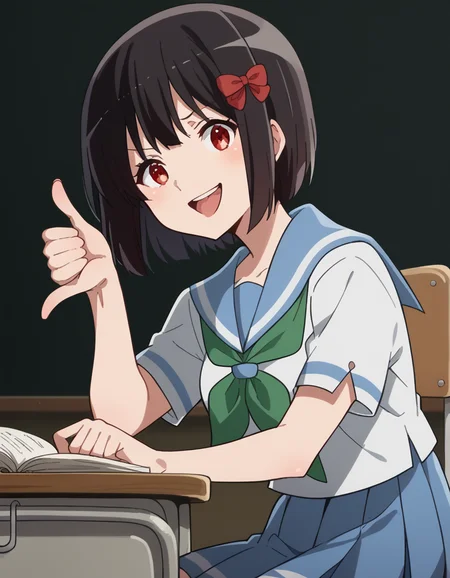 score_9, score_8_up, score_7_up, source_anime, <lora:kanade-hisaishi-movie-ponyxl-lora-nochekaiser:1>, kanade hisaishi, short hair, bangs, black hair, red eyes, bow, hair bow, red bow, medium breasts,, skirt, shirt, school uniform, white shirt, short sleeves, pleated skirt, serafuku, sailor collar, blue skirt, neckerchief, blue sailor collar, school bag, green neckerchief, kitauji high school uniform,, classroom, chalkboard, daytime, studying, sitting, chair, desk, smile, <lora:thumbs-down-ponyxl-lora-nochekaiser:1>, thumbs down, blush, from below, smug, tongue, tongue out, open mouth, black background, looking at viewer, solo,, dutch angle, cowboy shot