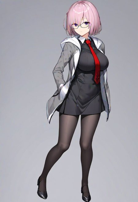 Mash_Def, glasses, short dress, black dress, black skirt, necktie, red necktie, wing collar, jacket, open jacket, hooded jacket, grey jacket, hood down, black pantyhose, 
masterpiece, best quality, very aesthetic, absurdres, 1milf, 1adult, solo, full_body, tachi-e,