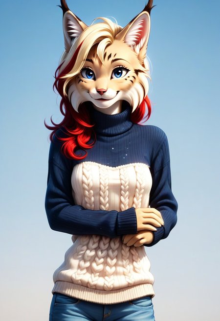 digital_media_(artwork) hi_res, score_9, score_8_up, score_7_up, score_6_up, score_5_up, score_4_up, rating_safe, anthro, furry, female, furry female, detailed textured fur, fur tufts, lynx, slim, slender, small breasts, cute, sweater, denim jeans, multicolor hair, streaked hair, red hair, blue hair, blonde hair, blonde fur, detailed blue eyes, smile, solo, SFW, AsahinaMP,
