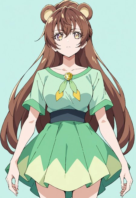 safe_pos, score_9, score_8, score_7, source_anime, 1girl, solo, pretty cure, long hair, brown hair, hair between eyes, multicolored eyes, half updo, green shirt, green skirt, medium breasts, bear ears, green hair, yellow eyes