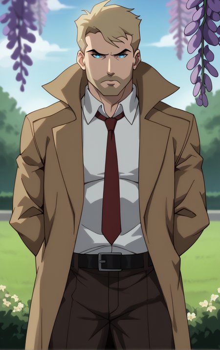 score_9, score_8_up, score_7_up, looking at viewer,  BREAK
DCAU_JL_JohnConstantine_ownwaifu, 
1boy, blonde hair, blue eyes, male focus, short hair, facial hair, mustache, 
red necktie, trench coat, white shirt, collared shirt, open coat, brown coat, belt, pants, coat, long sleeves, beard, brown jacket, formal, brown pants, popped collar, black belt, long coat
(leaning forward, arms behind back), cowboy shot, garden, wisteria, outdoors, <lora:PONYXL_DCAU_JL_JohnConstantine_ownwaifu:0.85> , depth of field, solo, Interesting Image, Captivating Image,