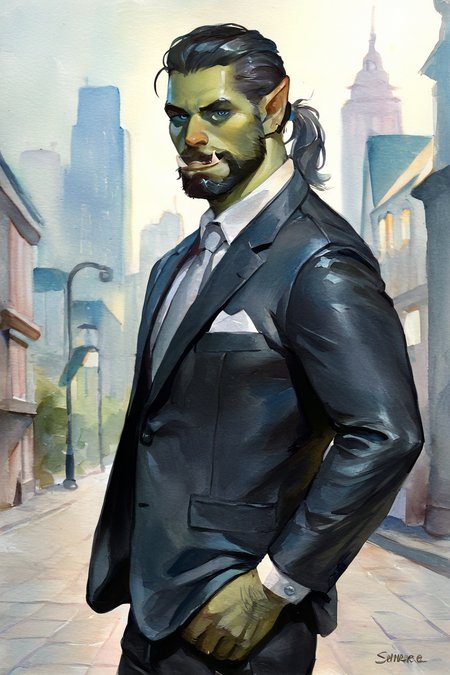 masterpiece, best quality, highres, newest, traditional media, realistic, watercolor \(medium\), orc, green skin, tusks, facial hair, beard, mustache, medium hair, black hair, hair slicked back, ponytail, blue eyes, formal, black suit, suit, white shirt, collared shirt, grey necktie, long sleeves, black pants, muscular, 1boy, solo, male focus, mature male, smile, looking at viewer, cowboy shot, standing, outdoors, city, building <lora:Blue Water [LoRA] - NoobAI-XL EPS 1.0:0.8>