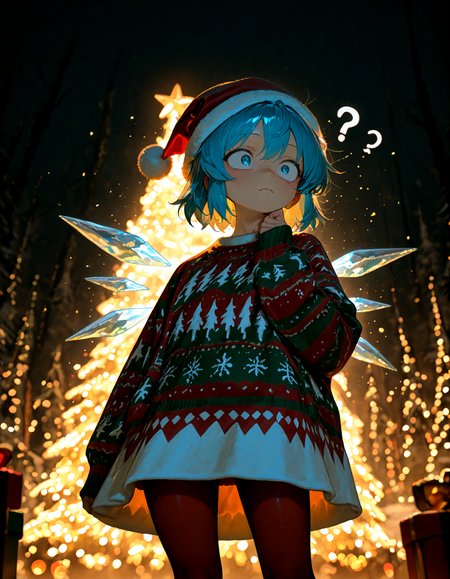 Christmas, dress, red pantyhose ,santa_hat ,Christmas sweater,
1girl, solo,  cirno, soft lighting, confused ,
masterpiece, best quality, amazing quality, very aesthetic, absurdres,  newest, (volumetric lighting),
<lora:world_christmassweater:0.5>,<lora:cfg_scale_boost:0.5>, <lora:ponyv5_noobE11_1_adamW:0.5>, <lora:illustrious_noobai_epsilon_pred_1_best_quality_v1:0.5> ,<lora:illustrious_noobai_epsilon_pred_1_masterpieces_v1:0.5> ,<lora:illustrious_noobai_epsilon_pred_11_very_aesthetic_v1:0.5>