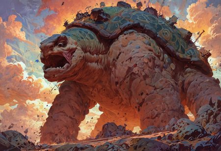 (score_9, score_8_up), score_7_up, zPDXL, Illustration Masterpiece, deep underground, cave roof, dimly lit, low angle view, colossal tortoise crawling up out of sinkhole, tortoise (colossal, head (wrinkled, ancient, squinting eyes), , many-limbed, feet tearing at ground, shell (small stone shrines, carved runes)), rocks thrown, clouds of dirt, landslide, earthquake, tremors, collapse,  Color: green, brown ochre, off-white,