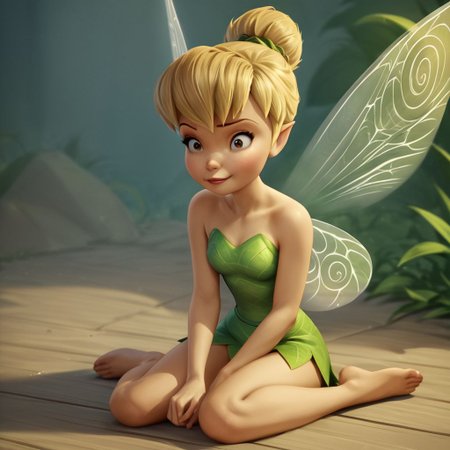 score_9, score_8_up, score_7_up, score_6_up, score_5_up, score_4_up, 1girl, Tinkerbell, rating_questionable, fairy, Fairy wings, small breasts, sitting on the floor