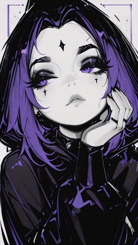 ,masterpiece,best quality,newest, <lora:Glamour_IL:1.2>  mcglam, style, monochrome, 1girl, solo    <lora:Raven_IL-000006:0.8>  ravenil, ogoutfit, hoodup, purple hair, purple eyes