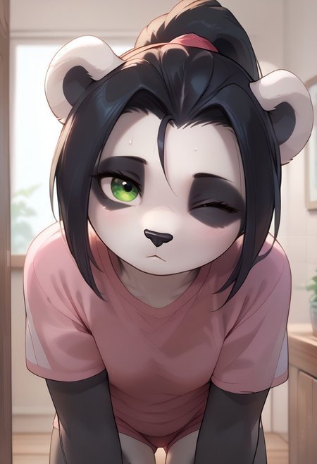 score_9, score_8_up, score_7_up BREAK L1L1,1girl,solo,furry female,panda ears,black hair,long hair,ponytail,green eyes,animal nose,body fur,two tone fur,black fur,white fur, thighs, cute, looking at viewer
 detailed, aesthetic, well-lighted, 1girl, solo, front view, (face focus: 1.3), (close-up: 1.3), indoors, changing room, furry female, beautiful girl, cute girl, petite, youthful, young, medium breasts, beautiful face, detailed face, perfect eyes, detailed eyes, green eyes, (detailed hands: 1.2), sportswear, sports uniform, short shorts, red sleeveless jersey with gold trim, black bra, wiping face, wiping sweat, lifted by self, jersey lift, sweat, sweaty, tired, half-closed eyes, one eye closed, head tilt, cute, adorable, coy, sexy,