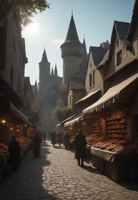 A highly detailed, fantastic digital painting in a medieval fantasy style. The scene depicts a sprawling, ancient medieval city with intricate stone architecture, set in a lush, sunlit valley. The city features tall, pointed towers, archways, and battlements, adorned with ornate carvings and intricate stonework.

The city's grand entrance is flanked by massive wooden gates, reinforced with iron and adorned with elaborate carvings. The cobblestone streets are bustling with activity, where knights in gleaming armor patrol, and merchants sell their wares in colorful market stalls.

The surrounding landscape is verdant and enchanting, with rolling hills, dense forests, and a sparkling river. Magical elements, such as glowing lanterns and mystical creatures, add to the ethereal atmosphere.

The entire scene is bathed in a warm, golden light, casting long shadows and highlighting the rich textures and vibrant colors of the environment.
<lora:add-detail-xl:1>
 <lora:Dynamic Poses:1>