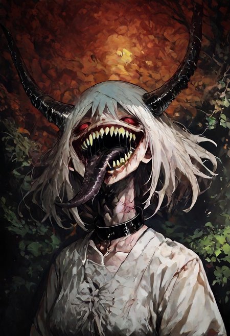 score_9, score_up_8, masterpiece, best quality, explicit, 
hasshaku-sama, mature woman, large woman, tall woman, sagging breast, enormous breast, 1girl, colored sclera, red skin, green lips, green nails, horns, glowing, glowing eyes, red eyes, red sclera, short hair, smile, teeth, white hair, horror (theme), collar bone, bony body, skinny, anorexic, fall season, trees, red yellow and orange leaves, falling leaves, night, garden, Expressiveh,  
 teeth, tongue, open mouth, horror, blood, stiches, scars, black tongue, very long tongue, black tears, full body