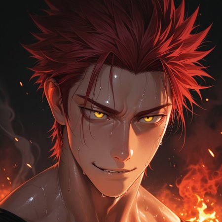 masterpiece, best quality, amazing quality, absurdres, newest, detailed background, definition so sharp, Ultra-HD, 8K cinematic, very awa, impressionate, amazing quality, highres, 
solo, male focus, manly, 
1boy, spiked hair, short hair, mikoto_red hair, mikoto_yellow eyes, mikotosuoh, close up, eye contact, intense gaze, sweat, slight smirk, fire \(effect\), glowing, dark background, embers, smoke, raw power, contained, smoldering, dangerous