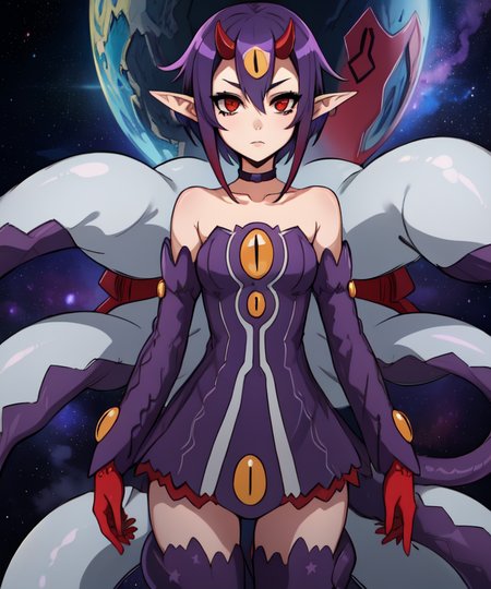 Desco,   red eyes, pointy ears,  short purple hair,  purple tail, cowboy shot,  expressionless eyes,  solo, 
DesAtt, bare shoulders, choker, purple thigh boots, purple dress, detached sleeves,  jewelry, red gloves, 
outerspace, stars,  meteor,   tentacles, 
(insanely detailed, beautiful detailed face, masterpiece, best quality)   <lora:Desco-10:0.8>