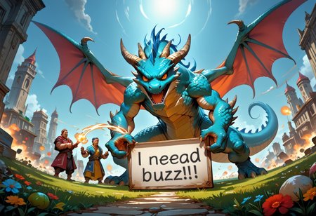 epic battle with dragon holding a sign with the text "buzz me" 
extreme long shot,wide angle,ambiant light,buzz,