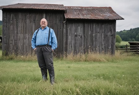 photo of a chubby swiss farmer standing in front of an old rusty dark swiss barn, wearing dirty rubber wellies and dirty blue worker pants, dslr, ultra quality, sharp focus, tack sharp, film grain, Fujifilm XT3, crystal clear, 8K UHD