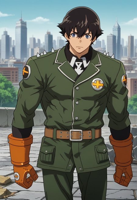 score_9, score_8_up, 1boy, yukiteru_amano's head, ggstpot's body, source_anime, anime screencap, anime coloring, 2d, zPDXL2, black hair, blue eyes, short hair, hair between eyes, huge male, ultra-muscular male, no helmet, green jacket, pants, boots, gauntlets, belt, spikes, outdoors, detailed background, cityscape, torn up pavement, cracked pavement, dynamic entry, crater, destroyed pavement, superhero landing, goofy expression, confident