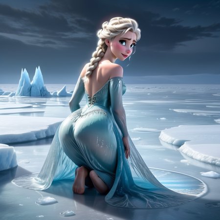 The image depicts  Elsa is posing on a ice, kneeling in such a way that the dress obscures her lower back,  .  <lora:ptgs:0.8>,ice sheet