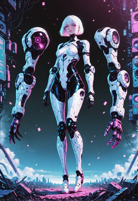 1women, 22yo, pink eyes, adult, sexy, alluring, 
white hair, short bob cut, slim, small firm breasts, 
patterned armor, white armor, futuristic, mechanical limbs,
full body,, detailed eyes, perfect eyes, realistic eyes,, masterpiece, best_quality, amazing_quality, very_aesthetic, 8k, high_quality, highres, absurdres, subject_focus,, <lora:AddMicroDetails_Illustrious:0.5>, Anime, GOTAV1.0, in the style of cksc, pinkretroanime, <lora:Gothic-Anime-V1.0_IL:0.6>,<lora:ChronoKnight_Neurocore_Shadow_Circuit:0.3> <lora:Pinkielicious_RetroAnime:0.1>