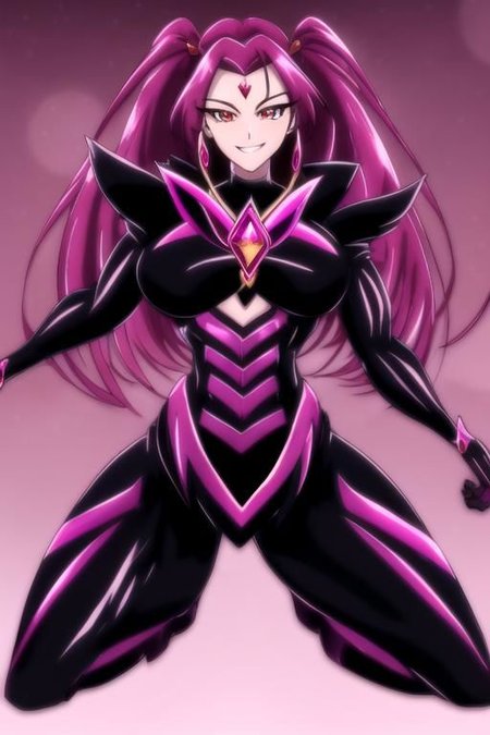 1girl, solo, full body, impossible bodysuit, magical girl, DarkPrecure, evil smile, latex, detail, muscular, huge breasts, abs, wide hips, thick thighs