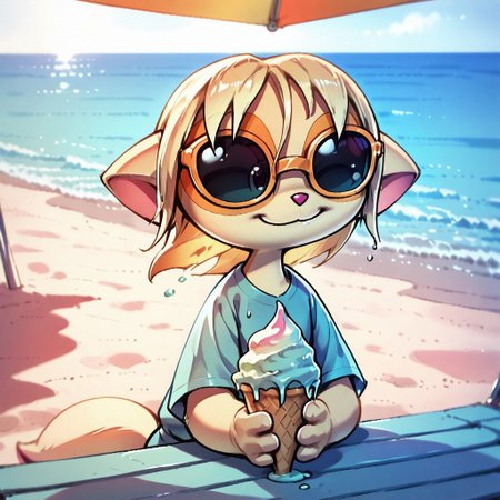 Dreamkeepers,1girl,Paige,solo,furry,tail,source_furry,blonde hair,masterpiece, 
kid, child, 
summer, ice_cream, cute, casual_clothes, cheerful, bright_sky, sunglasses_on_head, ocean_view, colorful, joyful_expression, soft_lighting, warm_weather, melting_ice_cream, happy_atmosphere, beachside, detailed_background