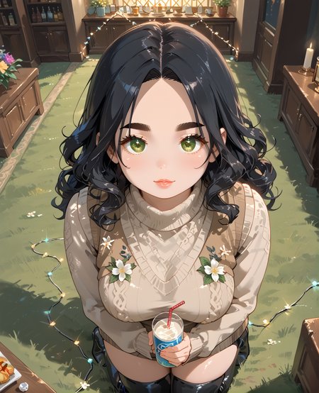 IllusP0s, PonyScores7, source_anime, ah1, IllustriousQual, interesting, exciting, spectacular, wonderful, <lora:natsumi_style:0.5>, <lora:by_usakun-pony:0.4>, by usakun, <lora:Akina_Bbw_Style_-_PonyXL:0.2>, AkinBw,
BREAK (High-Angle Shot),
BREAK 1girl, mature female, (round face:1.2), (thick eyebrows:1.3), (curvy), round-chin, caucasian, (plump face), <lora:Round_face:0.2>, <lora:ETO_OC_Illustrius:0.5>, eto_oc, skindentation, (plump), thick thighs, wide hips, busty, voluptuous, lips, <lora:venus body PonyXL:0.3>, <lora:shinyskin2:0.2>, glistening skin,
BREAK  (curly hair), long hair, (black hair:1.4), (parted hair:1.7), messy hair, kinky curls, <lora:hairdetailpxl:0.2>, hairdetailpxl,
BREAK (half green and brown eyes), (colorful eyes), (multicolored eyes), (downturned eyes:1.4), <lora:expressive eyes:0.2>, expressive eyes, <lora:eyedetailpxl:0.2>, eyedetailpxl, <lora:Eyes_High_Definition:0.2>, EyesHD,
BREAK ((Grinning face with big eyes)), <lora:Expressive_H:0.2>, Expressiveh, <lora:Emotional_Anime_Expressions_PonyXL_Concept:0.2>, emotional, <lora:Best_Facial_Expression_LoRA_PONY:0.2>, looking at viewer, <lora:Detailed expressive EXEV style -XL Pony V1.0:0.2>, FaceDetail,
BREAK ((arm_behind_head)),
BREAK (Papaya whip cream faux fur vest over tan sweater dress with knee-high boots),
BREAK (((enchanted gardeparty nightclub in London, featuring twinkling fairy lights and floral decorations, Guests are mingling and enjoying drinks while live music plays in thebackground, The atmosphere is magical and whimsical))),
BREAK <lora:xl_more_art-full_v1:0.2>, <lora:aesthetic_anime_v1s:0.2>, <lora:EpicF4nta5yXL:0.2>, <lora:detailxl:0.2>, detailxl, <lora:Fant5yP0ny:0.2>, best quality, amazing quality, best aesthetic, absurdres, illustration, Volumetric_Lighting, ultra-detailed, very aesthetic, intricate details, 8k, masterpiece, best_quality
BREAK Stable_Yogis_PDXL_Positives, AS-Adult, <lora:Complicated fantasy portrait - XL Pony V2.0:0.2>, bad-hands-5, <lora:HDA_Detailer:0.3>, HDA_FatGirlXL,