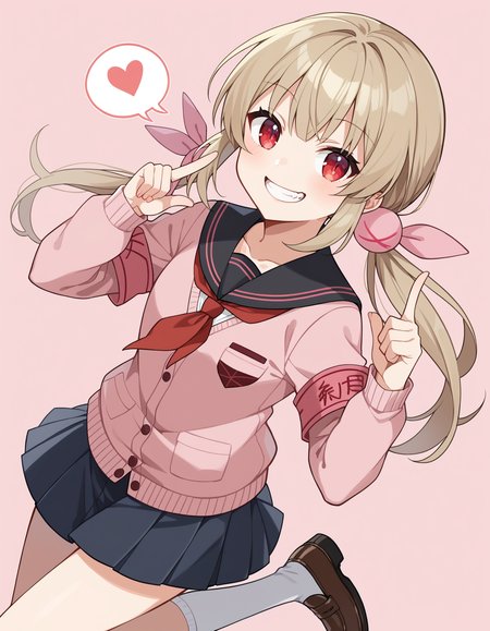 score_9, score_8_up, score_7_up, source_anime, rating_safe, BREAK <lora:sanaNatoriXL_LoRA-C3Lier_AdamW_Dim16_Alpha16_UN-3e-4_TE-1.5e-4_10batch_ponyDiffusionV6XL_v6StartWithThisOne:1>, natori sana, 1girl, virtual youtuber, red eyes, light brown hair, long hair, twintails, low twintails, hair ornament, pink cardigan, black sailor collar, red neckerchief, pleated skirt, black skirt, armband, white socks, long sleeves, loafers, jitome, grin, eye focus, looking at viewer, finger gun, index finger raised, hands up, dutch angle, floating hair, floating, spoken heart, pink background