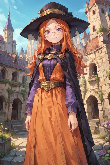 score_9, score_8_up, score_7_up, score_6_up, source_anime, BREAK,<lora:Eudy:0.8> , eudef, 1girl, purple eyes, orange hair, long hair glasses, ((pince-nez)), orange dress, purple shirt, (cape), hat, veil, purple shoes, cowboy shot, (looking at viewer), smile, closed mouth, castle, scenery, <lora:backgroundsetXL:0.4> , background,   <lora:cr33pp41ntXLP:0.7> , cr33pp41nt,