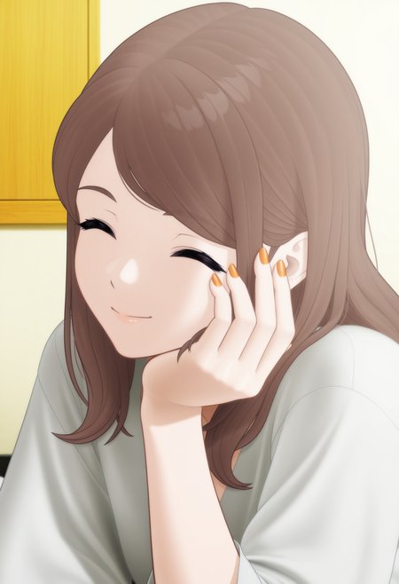 GBC_JQLY,1girl,solo,closed eyes,brown hair,nail polish,smile,orange nails,upper body,indoors,hand on own face,white shirt,closed mouth,<lora:GBC_JQLY-000020:1>