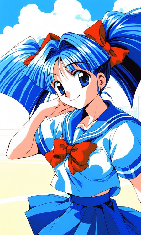 score_9, score_8_up, score_7_up, source_anime, rating_explicit, BREAK   <lora:Tomohara_Atsuko_XL:1> TomoharaAtsuko, blue hair, blue eyes, twintails, hair bow, medium breasts, red bow, long hair, 1990s \(style\),
school uniform, blue skirt, 
outdoor, sky,
smile,
looking at viewer, 
cowboyShot,