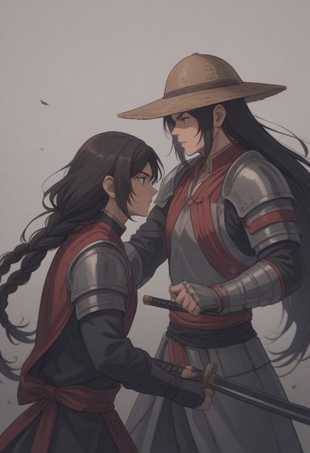 score_9, score_8_up, score_7_up, strawhat, conical hat, 1boy, a heavily armored samurai with shoulder armor and a straw hat, holding a giant katana sword in both hands, ready to fight, asian, long hair, low braid, roninwarriors,  samurai facemask, (monolid:1.3),