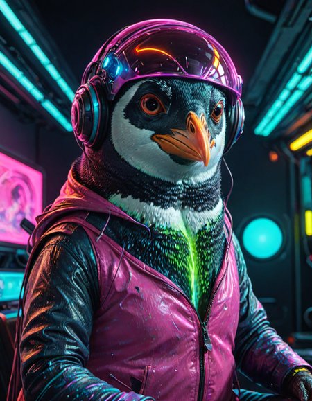 (ombre color scheme of neon pink, neon blue, neon green, neon yellow, neon yellow-red) (in the style of Zdzislaw Beksinski:1.2) (anime penguin:1.8) wearing a space helmet sitting at command chair with the lights of the consoles behind, in the style of sci - fi environments, glo - fi, aesthetic, comic, beeple, space background <lora:another-bored-particle:0.55>  <lora:add-detail-XL:0.65>, subsurface scattering, ultra hd, 4k, high def, Photorealistic, Hyperrealistic, Hyper detailed, analog style, realistic, masterpiece, best quality, ultra realistic, 8k, Intricate, High Detail, film photography, soft lighting,  heavy shadow