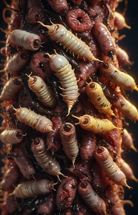 microshot of maggots in rotten meat,extreme detail,amazing focus and sharpness,intricate,, glow effects, godrays, Hand drawn, render, 8k, octane render, cinema 4d, blender, dark, atmospheric 4k ultra detailed, cinematic, Sharp focus, big depth of field, Masterpiece, colors, 3d octane render, 4k, concept art, trending on artstation, hyperrealistic, Vivid colors, extremely detailed CG unity 8k wallpaper, trending on CGSociety, Intricate, High Detail, dramatic