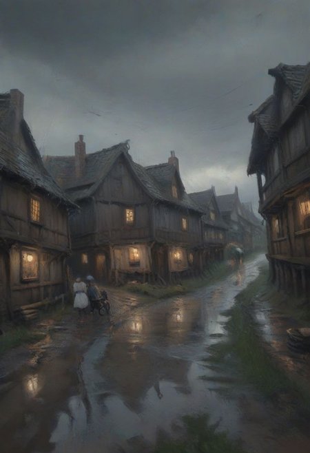 impressionist painting, WLOP_illustration_style, fantasy, medieval, wood, inn, muddy road, people, evening, overcast, (fisheye:1.5), from below, sky, dramatic clouds, dark, gray, raining, desaturated, painting, rough brush strokes