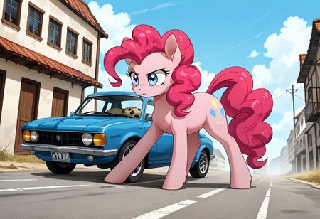 score_9, score_8_up, score_7_up, anime screencap, BREAK, my little pony Pinkie Pie, a pink earth pony with blue eyes, source_feral, outdoors, daylight, action pose, expressionless face, source_anime, retro anime style, car accident in the background