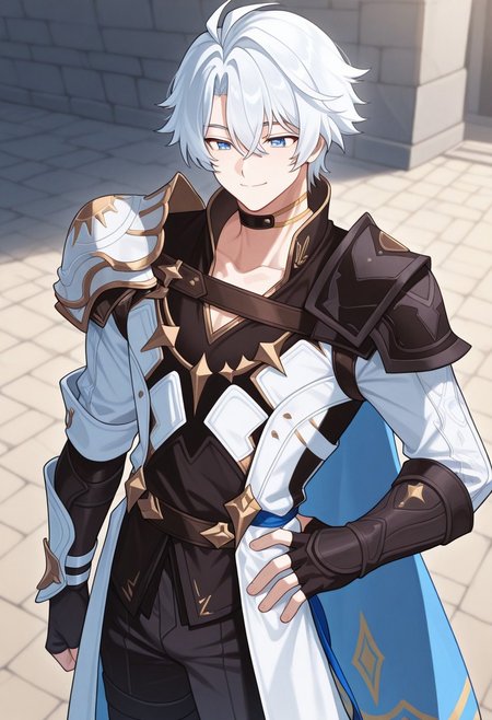 masterpiece,best quality,amazing quality, source_anime, 
Phainonhsr, 1boy, male focus, solo, blue eyes, white hair, black choker, neck tatto, shoulder armor, shirt, black shirt, coat, white coat, cape, fingerless gloves, pants, black pants, smile, closed mouth, outdoor,