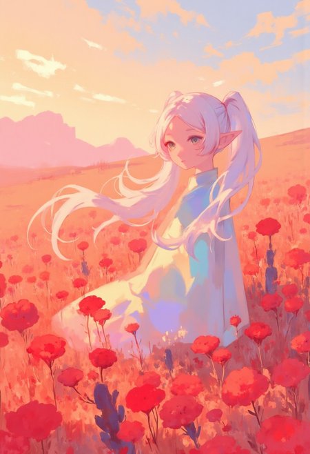 soft pastel anime, nereirfpnxl, frieren, elf, pointy ears, green eyes, white hair, twintails, in a field of red flowers, sunset