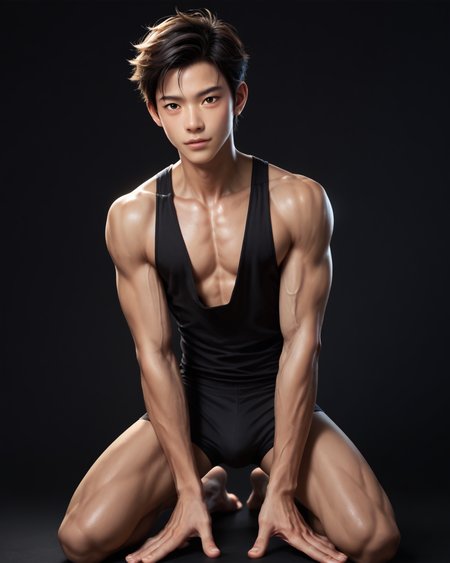 score_9, score_8_up, score_7_up, score_6_up, score_5_up, score_4_up, rating_questionable, 
<lora:homri52:1>,
intricately detailed, photo studio with black backdrop, black background,
1boy(human, glistening skin, handsome, sexy, seductive, posing, looking at the viewer, friendly expression, kneeling,
asian, black hair, 
twink, slender, 
tight posing slip),
depth of field, 
<lora:xl_more_art-full_v1:0.4>,
<lora:add-detail-xl:0.4>