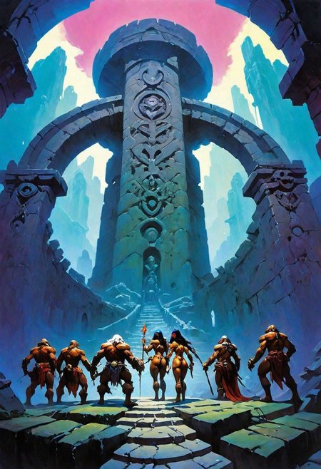 Fantasy painting, masterpiece by frank frazetta, androgynous, dungeon _party, group, muscular, fetish, fantasy masterpiece, a party of beautiful adventurers exploring an ancient dungeon, cyberpunk, vaporwave, arcane ruins, nsfwEM