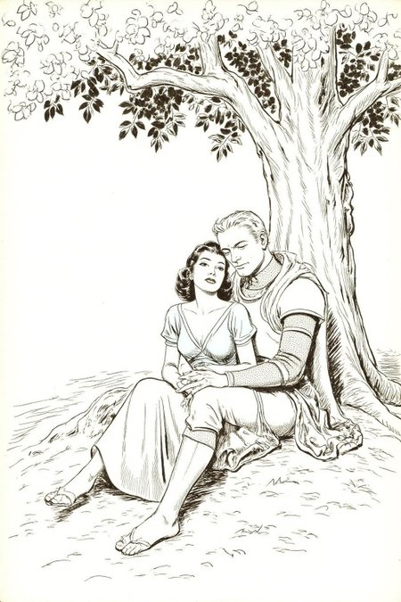 alexray1 drawing.
A blonde knight and a lady sitting under a tree. The lady has dark hair and is wearing a blue dress. The knight is sleeping with his head on the leg of the lady 
 <lora:alexray1_nocap_d6a3:1.0><lora:815519212102494127:0>