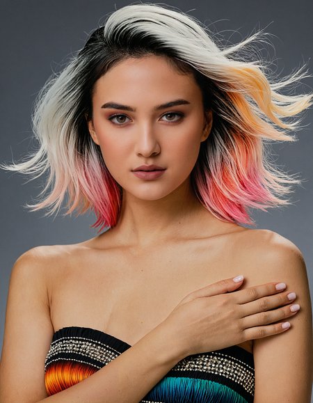 masterpiece, best quality, 1girl, gradient hair, high contrast, photo \(medium\),  <lora:SDXLHighDetail_v5:1>, strapless, hand on own chest,