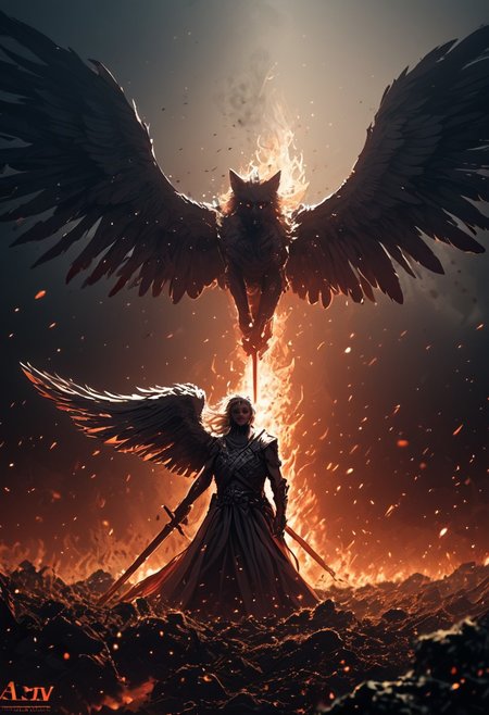 1 male angel, beautiful white hair, blood-soaked wings, exhausted, bleeding, feathered wings, holding a sword, angel wings, white wings, broken armor,  male angel, facing forward, fighting against snarling helldogs, multiple helldogs, fiery landscape, embers, smoke, dark background, dramatic lighting, last stand, battle, despair, bloody embers, fierce face, one arm missing, heavy bleeding from one shoulder
AngelicStyle, CINE, concept art, realistic,